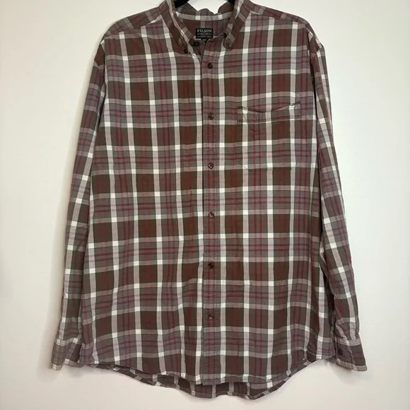Filson XL Plaid Button Down Shirt Cotton Long Sleeve Brown Red Gray Outdoors - Picture 2 of 5